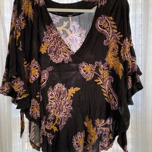 Free People V-Neck Floral Dolman Batwing Top Knot Hem Size Small